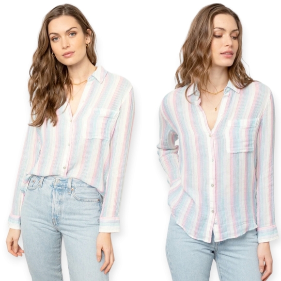 Rails Tops - Rails Pastel Stripe Ellis Button Up in Iris Stripe Lightweight Gauze-y Cotton XS